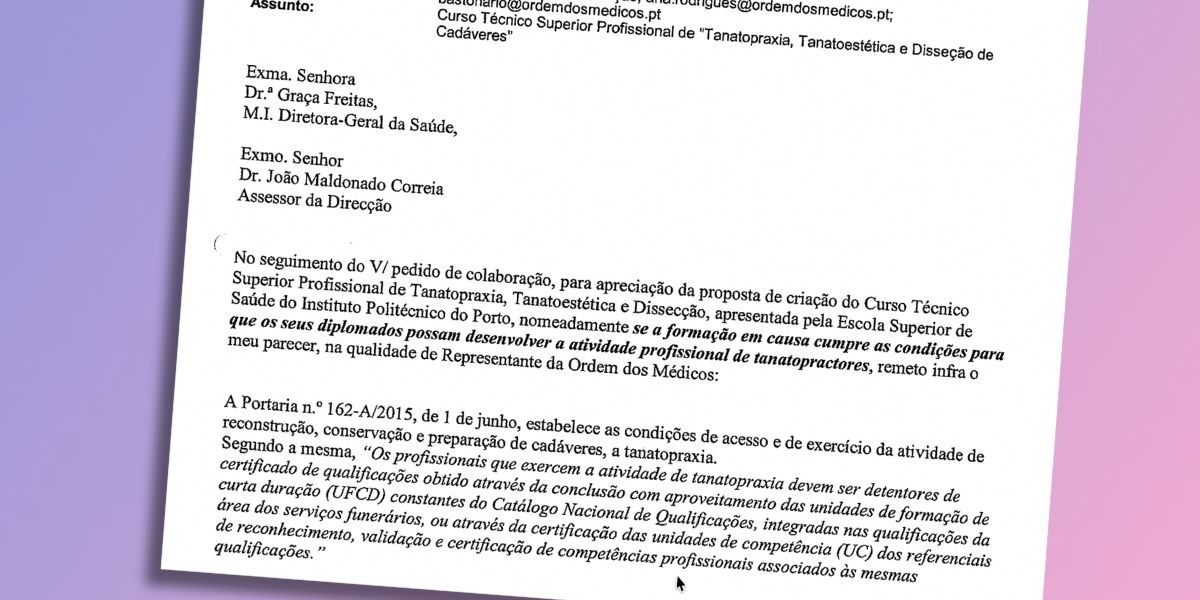 PARECER DA ORDEM DOS MÉDICOS, NUNCA RECEBIDO PELA ANEL, CONFIRMA FORMAÇÃO EM TANATOPRAXIA